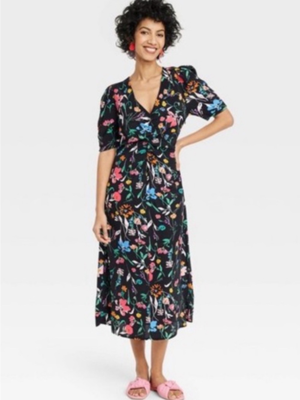 Floral V-Neck Puff Short Sleeve Midi Dress in Black with Multicolor Print | XXL